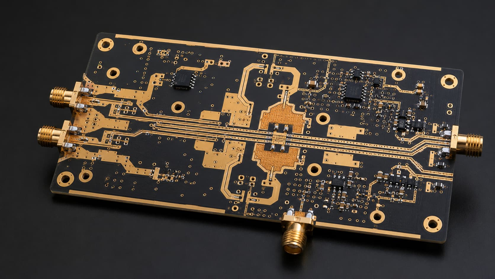 Microwave PCB for radar electronics with RF traces controlled impedance lines and high frequency materials