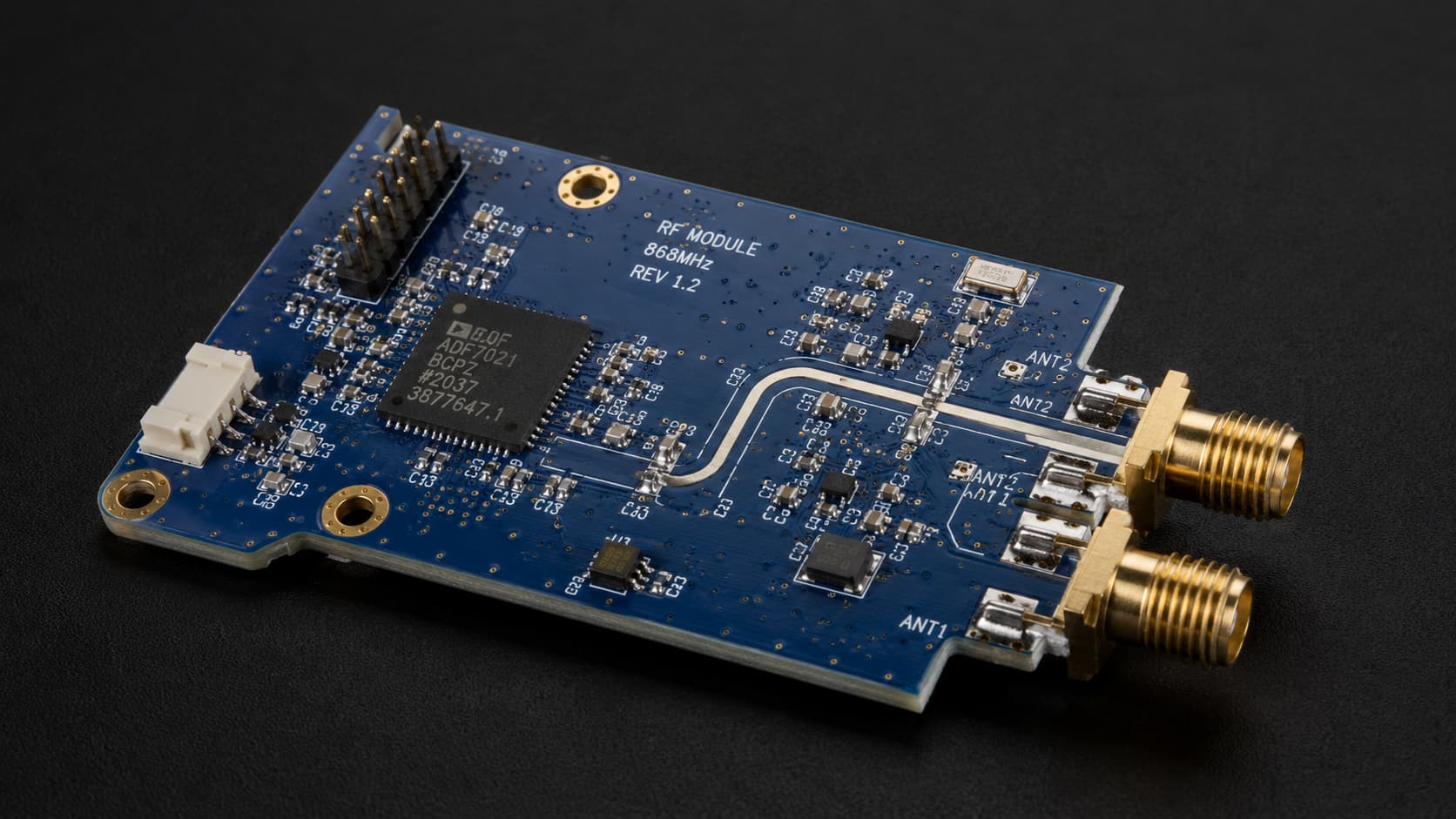 RF module PCB with antenna feed line ground vias matching circuit and controlled impedance RF trace