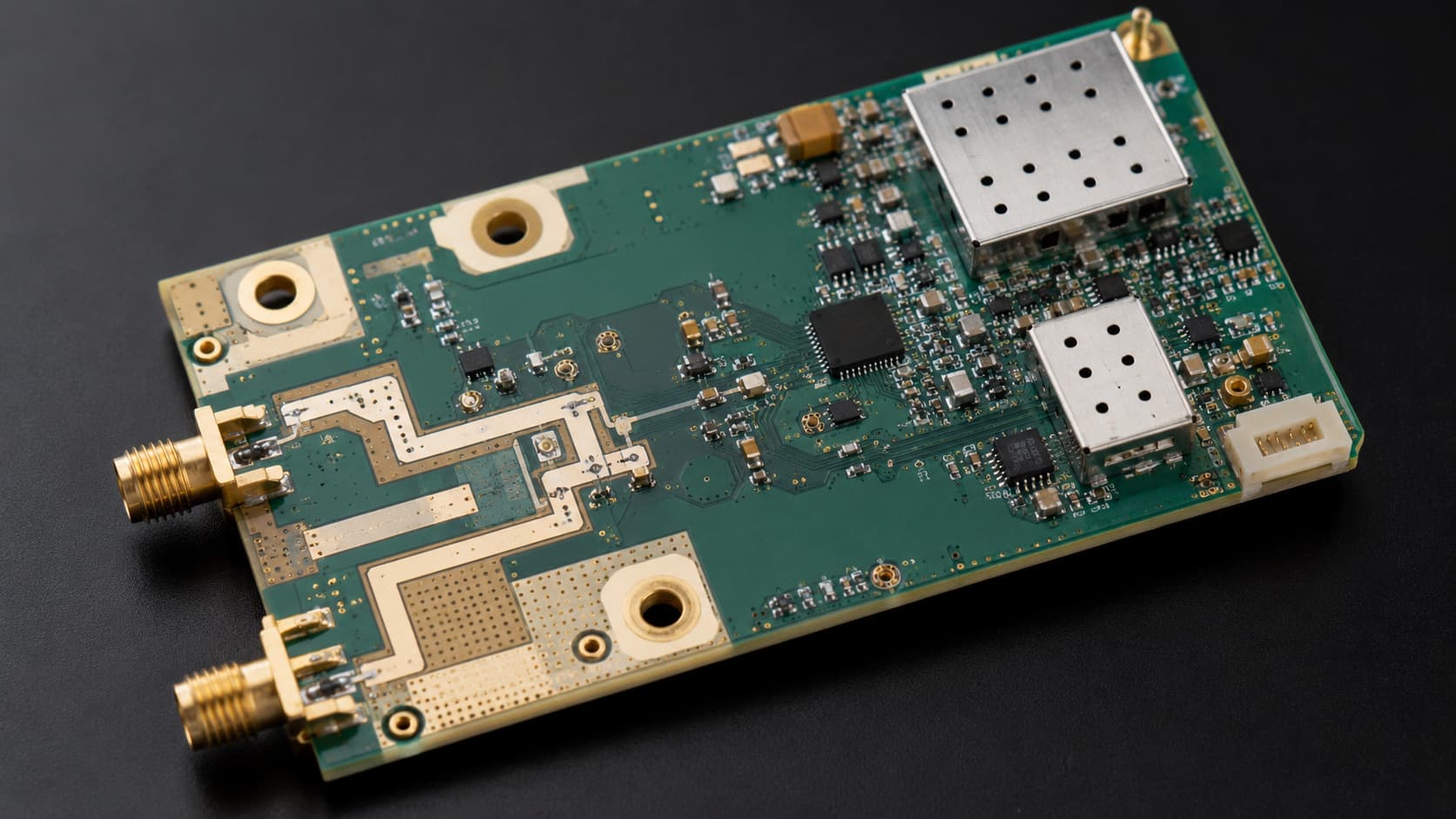 RF PCB for wireless communication modules with controlled impedance traces antenna feed lines and high frequency materials