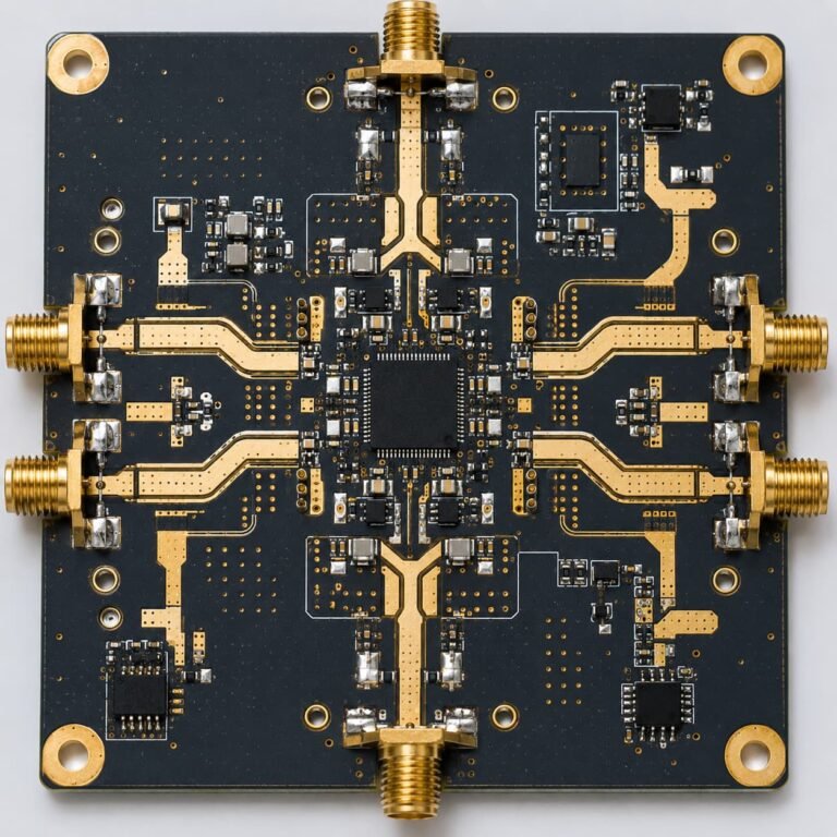 RF PCB for wireless communication modules with controlled impedance traces antenna feed lines and high frequency materials