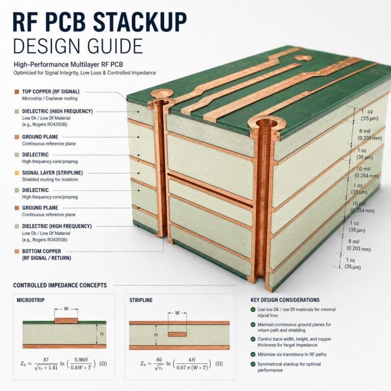 RF PCB stackup design showing RF signal layers ground planes high frequency material copper traces and vias