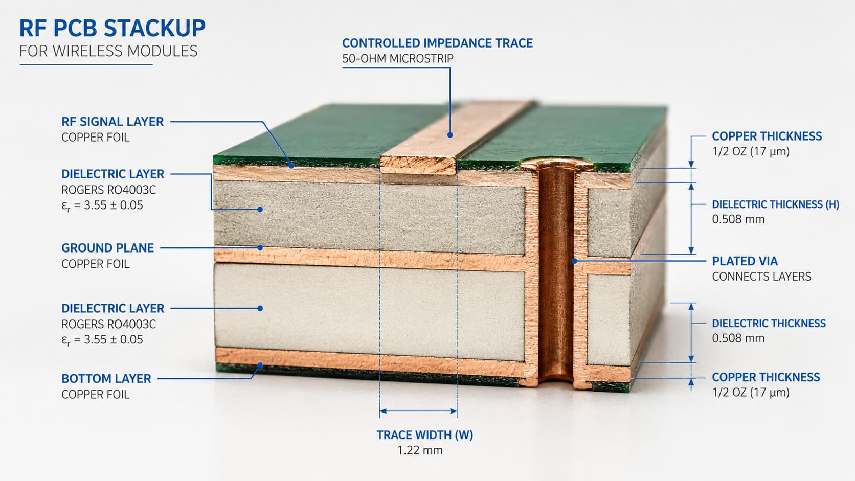 RF PCB stackup for wireless modules showing controlled impedance trace dielectric layer copper thickness and ground plane