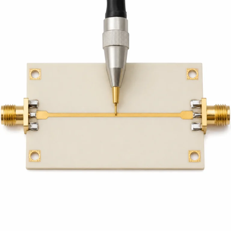 50 ohm RF PCB trace showing controlled impedance microstrip line with ground plane on Rogers RO4350B substrate