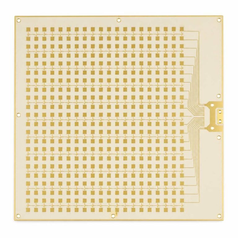 77GHz radar PCB design showing dense patch antenna array on Rogers RO3003 0.127mm substrate for automotive FMCW radar