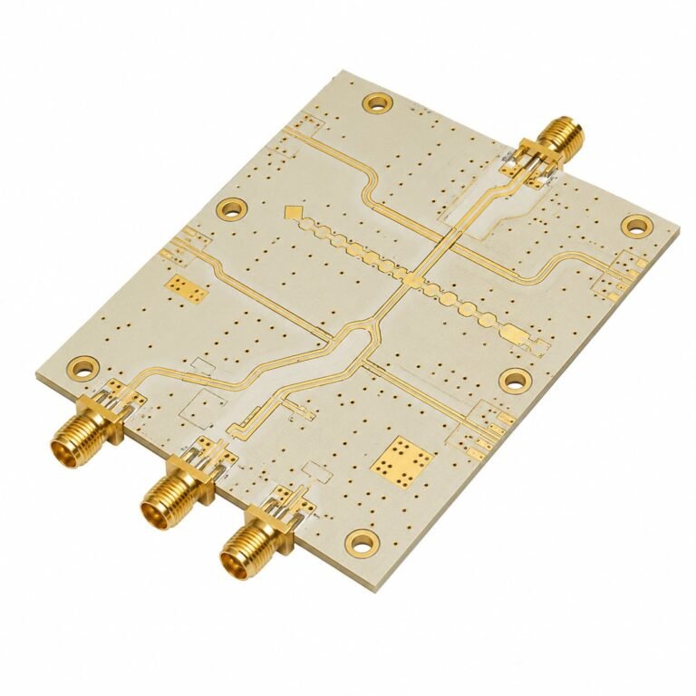 Rogers RO4350B high frequency PCB with gold microstrip transmission lines, SMA edge connectors, plated through-holes and ENIG surface finish on a clean white background