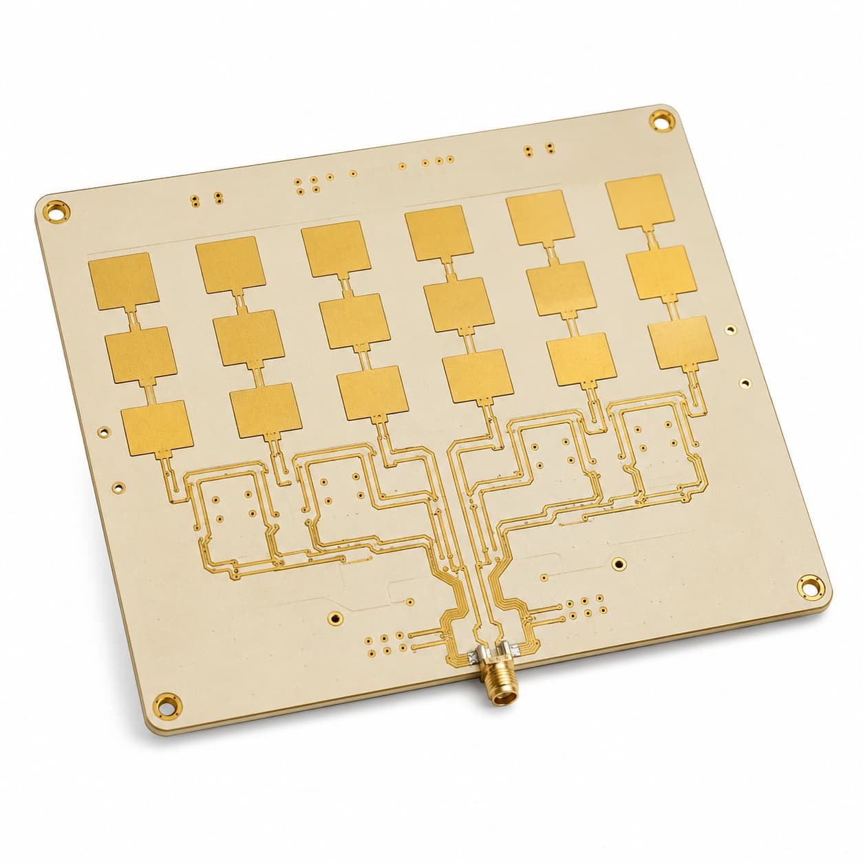 High frequency RF PCB for 5G antenna application showing gold microstrip patch antenna array, RF feed traces and ENIG surface finish on Rogers RO4350B substrate