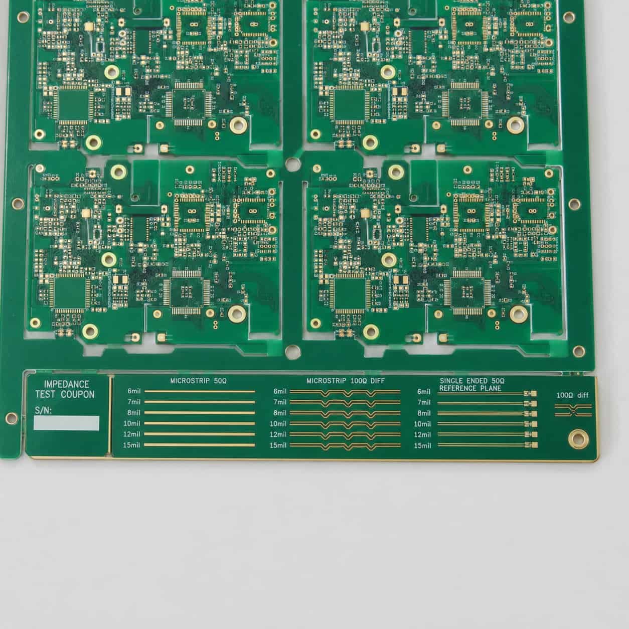 Controlled impedance PCB test coupon on production panel edge showing microstrip and differential pair impedance traces for TDR verification in Rogers RO4350B and PTFE high frequency PCB manufacturing