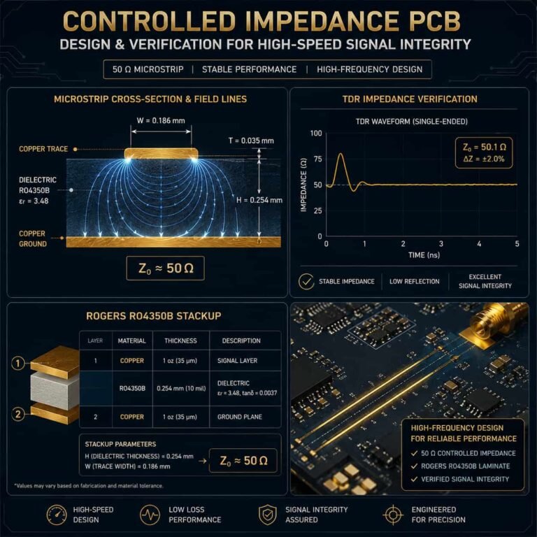 Controlled impedance PCB design calculation and manufacturing verification showing 50 ohm microstrip trace TDR measurement and Rogers RO4350B stackup for high frequency RF microwave circuit board