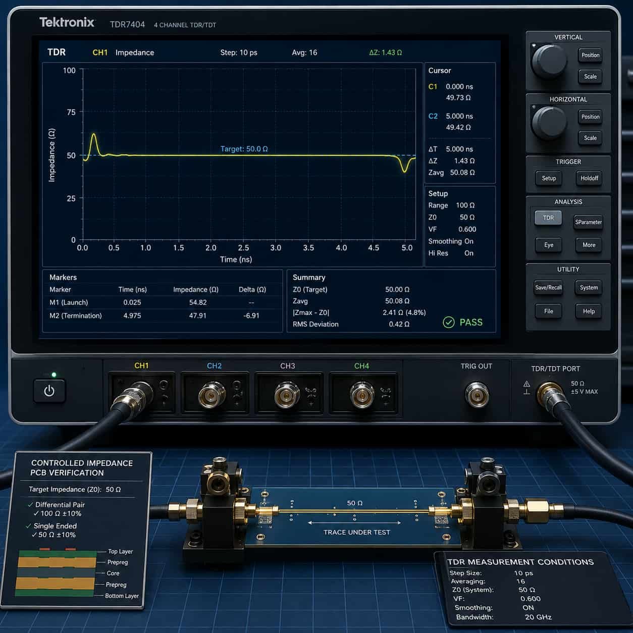 TDR time domain reflectometry measurement of controlled impedance PCB showing 50 ohm microstrip trace waveform verification for Rogers RO4350B high frequency RF circuit board manufacturing quality control