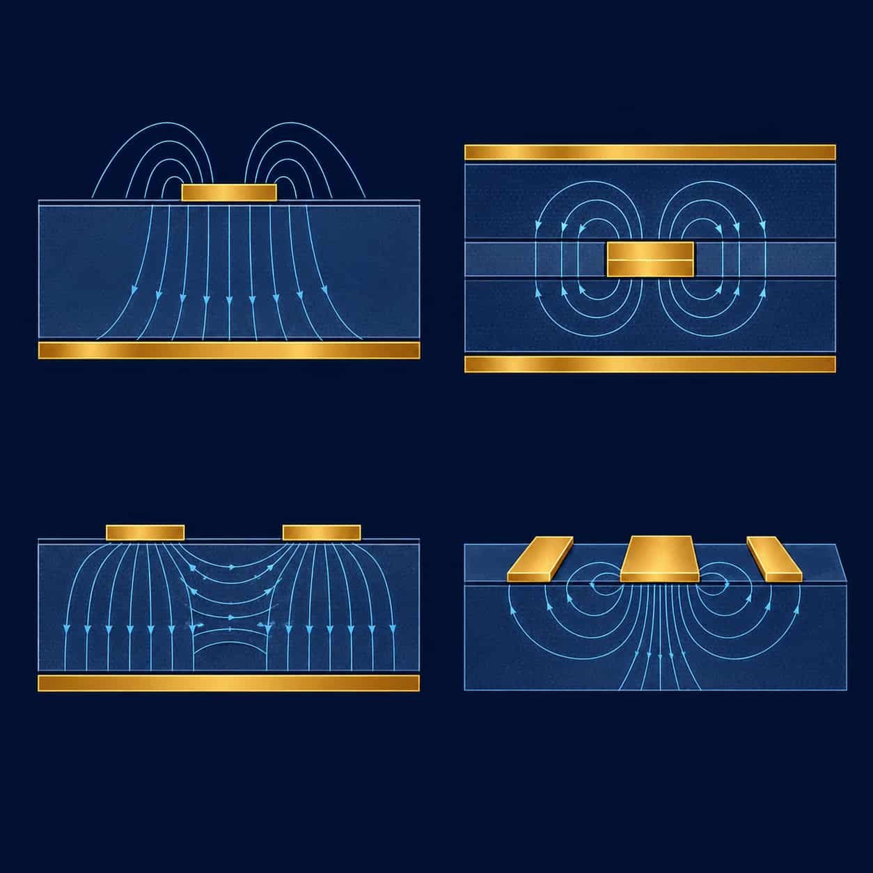Controlled impedance PCB transmission line structures showing microstrip single-ended stripline differential pair and coplanar waveguide cross-sections for 50 ohm RF PCB design