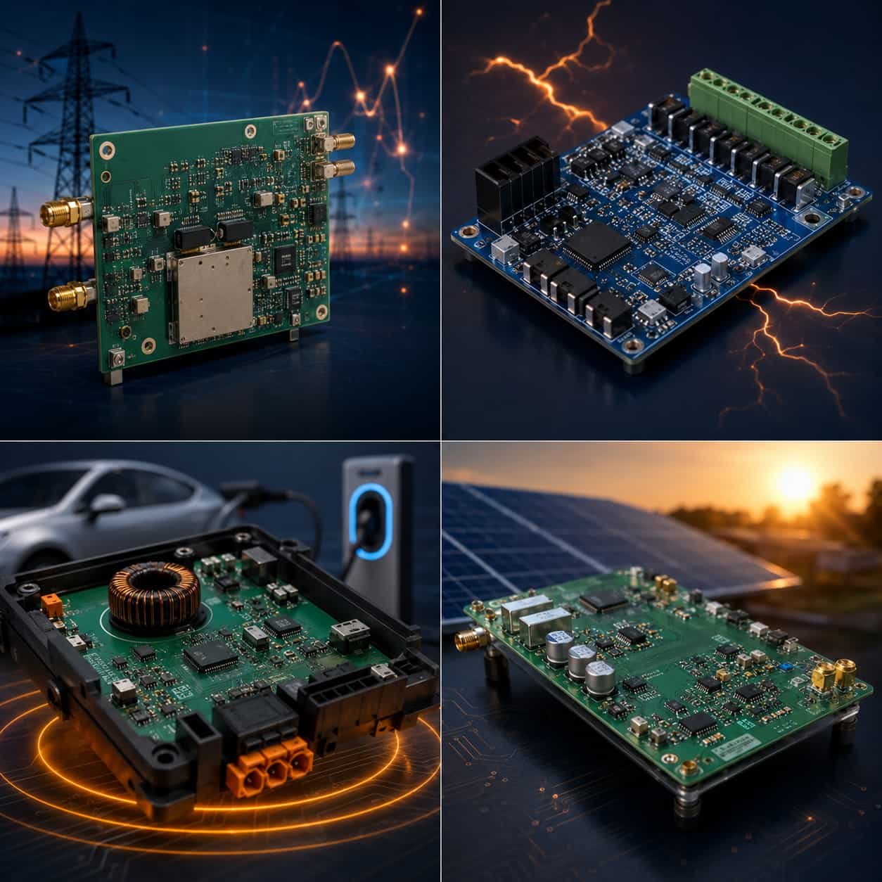 High frequency PCB energy and power applications showing smart grid RF communication module power converter gate driver wireless EV charging and solar inverter control circuit boards