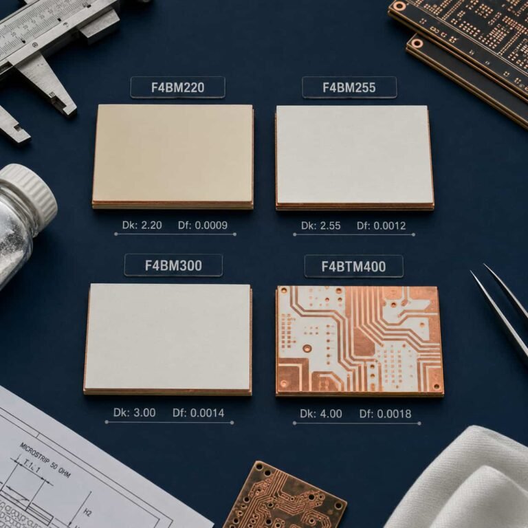 F4B PCB material guide showing F4BM220 F4BM255 F4BM300 and F4BTM series PTFE laminate grades for high frequency RF microwave and commercial wireless PCB applications