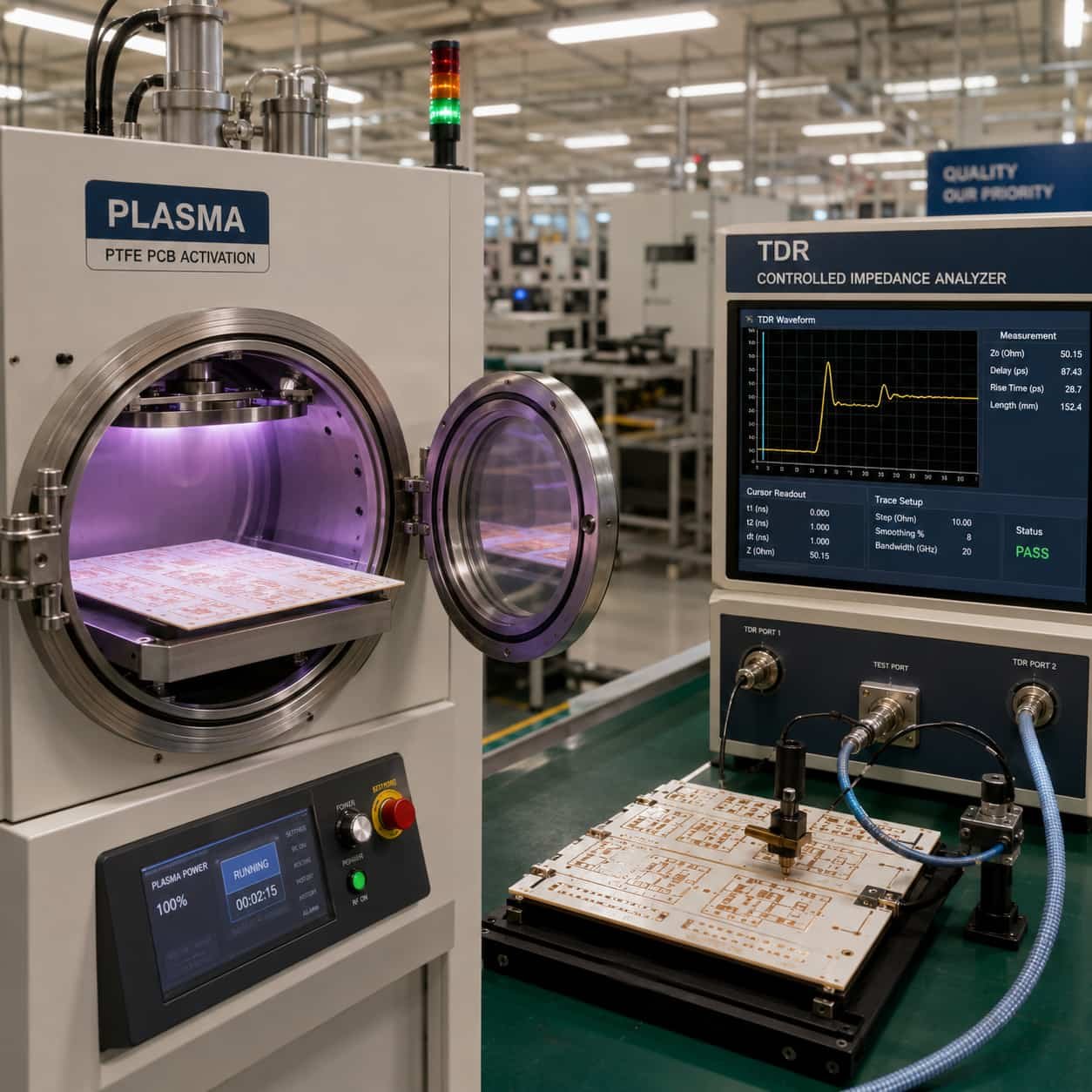 F4B PCB production at Riching PCB factory showing PTFE plasma activation process and TDR controlled impedance testing for F4BM220 and F4BTM series high frequency circuit board manufacturing