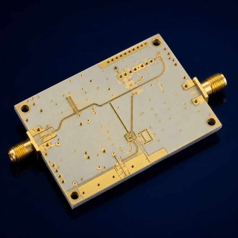 High frequency PCB prototype manufacturing showing Rogers RO4350B and PTFE RF microwave circuit board from design files through DFM review controlled impedance verification and finished prototype delivery