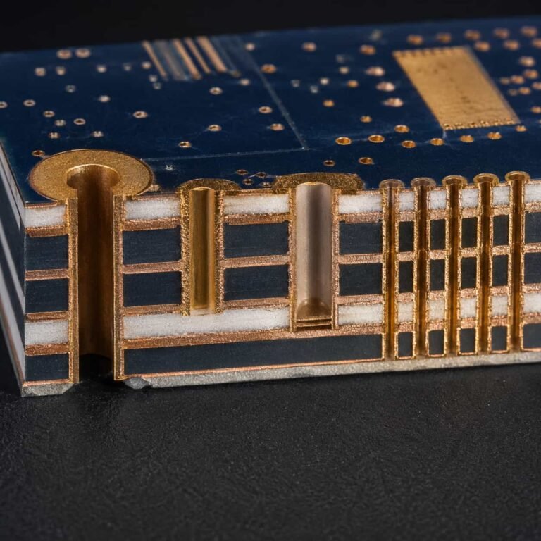 Via design considerations for RF and high frequency PCB showing through-hole via blind via back drill and via fence structures for Rogers RO4350B and PTFE microwave circuit board signal integrity