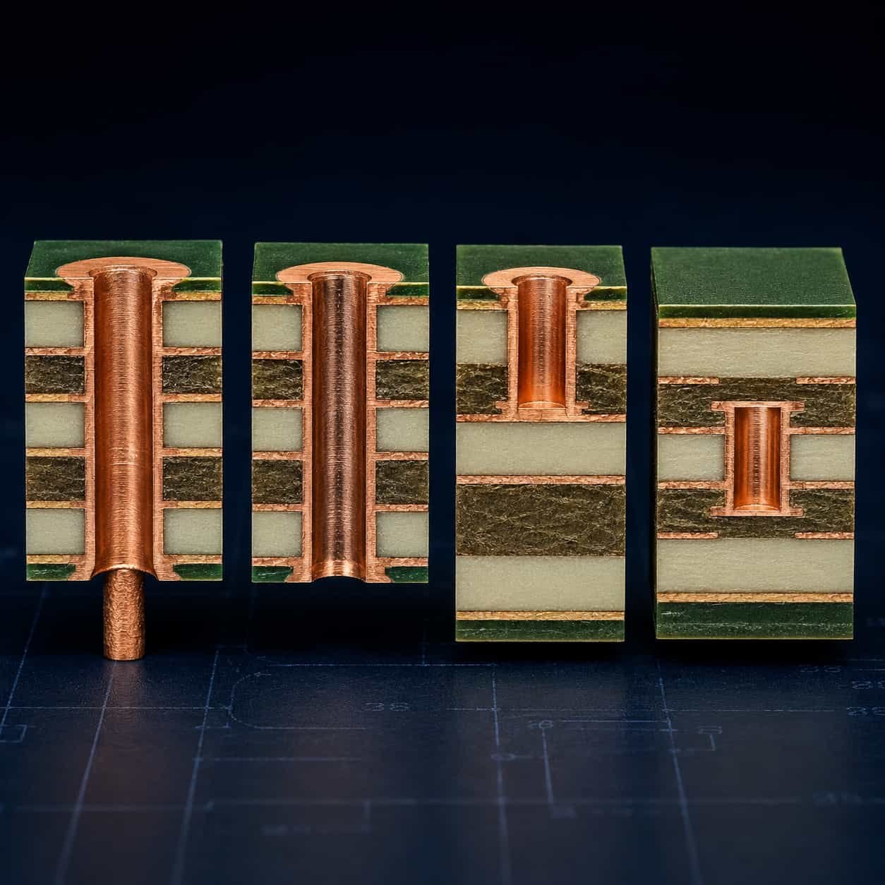 RF PCB via types cross-section diagrams showing through-hole via blind via buried via back-drilled stub elimination and RF via fence structures for high frequency Rogers and PTFE microwave circuit board design