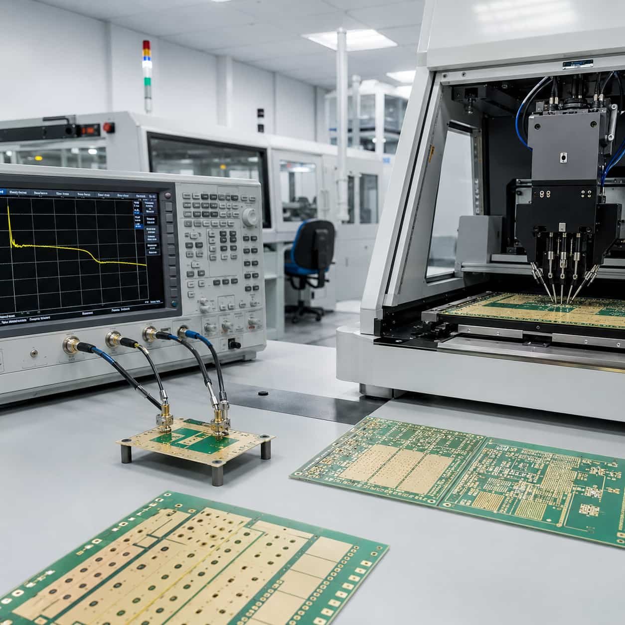 High frequency PCB prototype quality control showing TDR controlled impedance verification and flying probe electrical test before delivery for Rogers RO4350B and PTFE RF microwave circuit board prototype