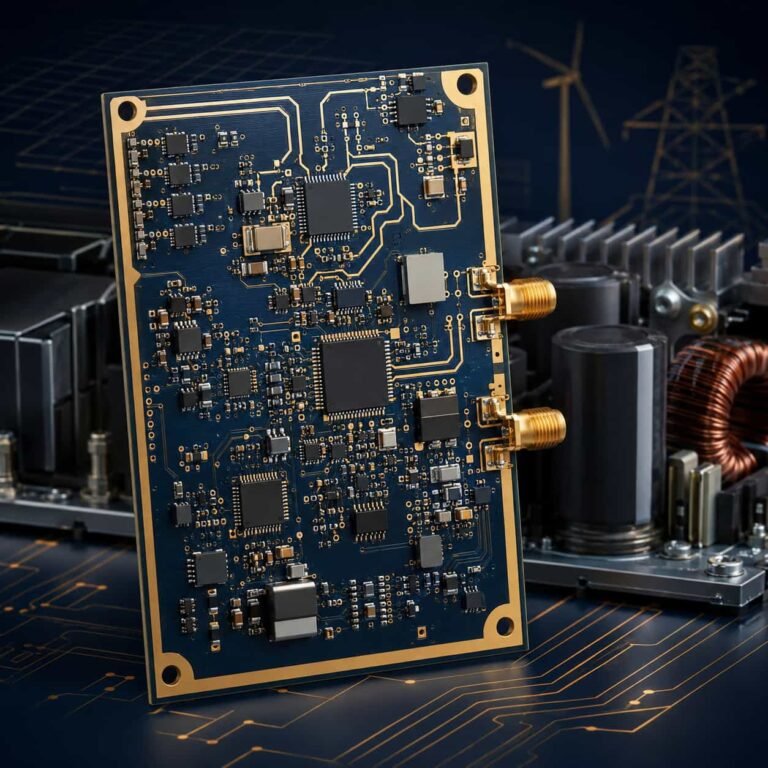 High frequency PCB for energy and power electronics showing Rogers RO4350B RF circuit board for smart grid wireless communication power converter control and energy management system applications