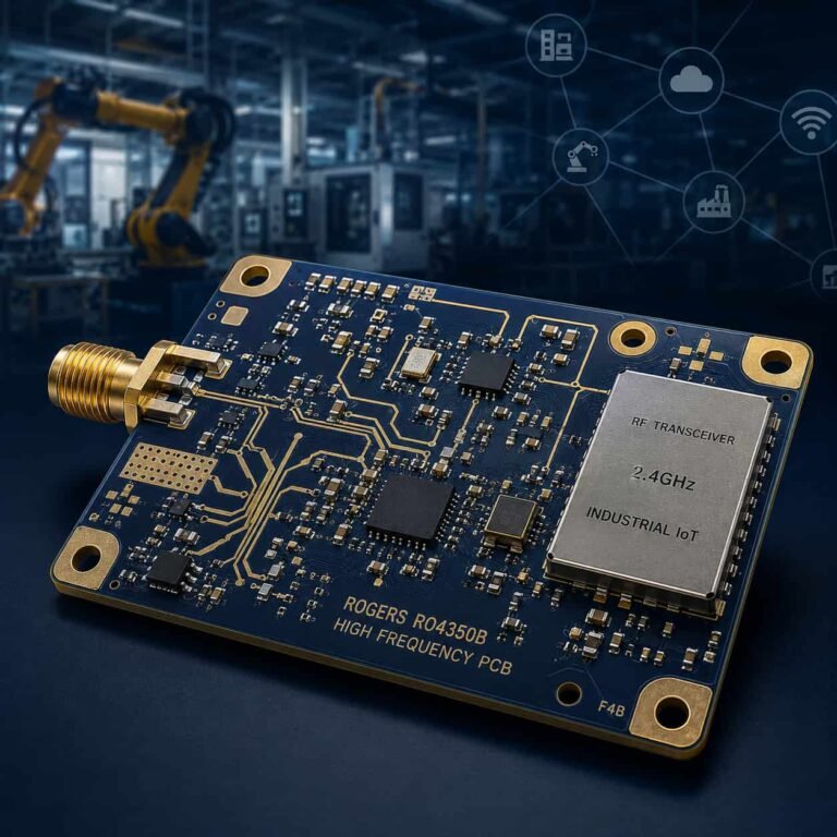 High frequency PCB for industrial IoT and smart manufacturing showing Rogers RO4350B and F4B RF circuit boards for wireless sensor networks industrial radar and factory automation applications