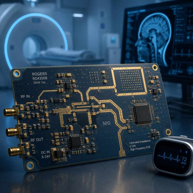 High frequency PCB for medical devices showing Rogers RO4350B RF circuit board for MRI imaging microwave ablation therapy and wireless patient monitoring applications
