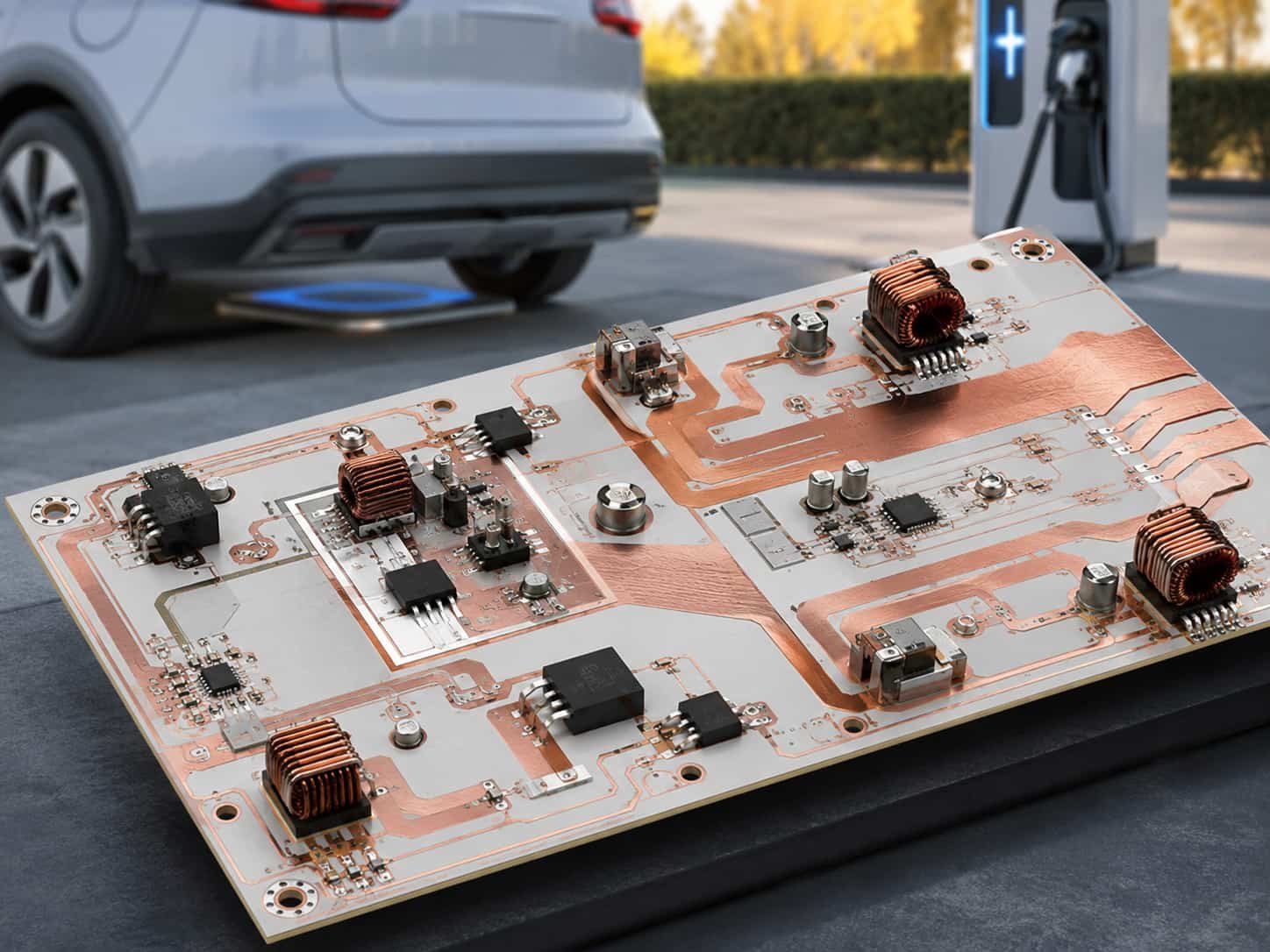High power RF PCB for wireless EV charging showing Rogers RO4350B heavy copper high frequency circuit board for 6.78MHz or 85kHz resonant inductive coupling wireless charging control