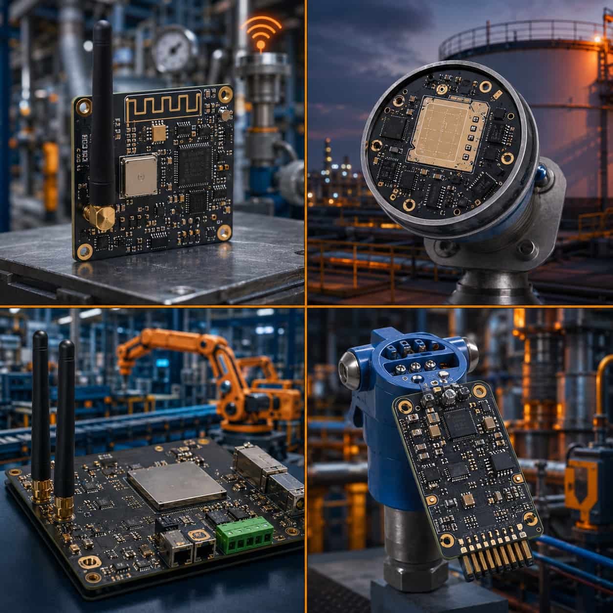 Industrial IoT high frequency PCB applications showing wireless sensor network module 24GHz industrial radar level sensor and factory automation RF communication circuit boards