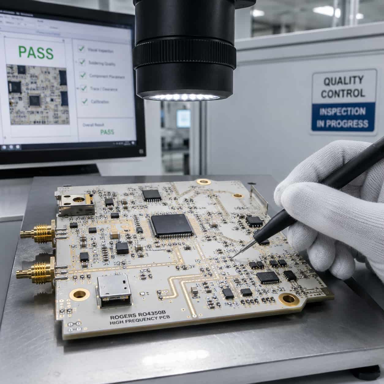 Industrial high frequency PCB manufacturing at Riching PCB showing Rogers RO4350B circuit board for industrial IoT sensor and smart manufacturing application with controlled impedance verification