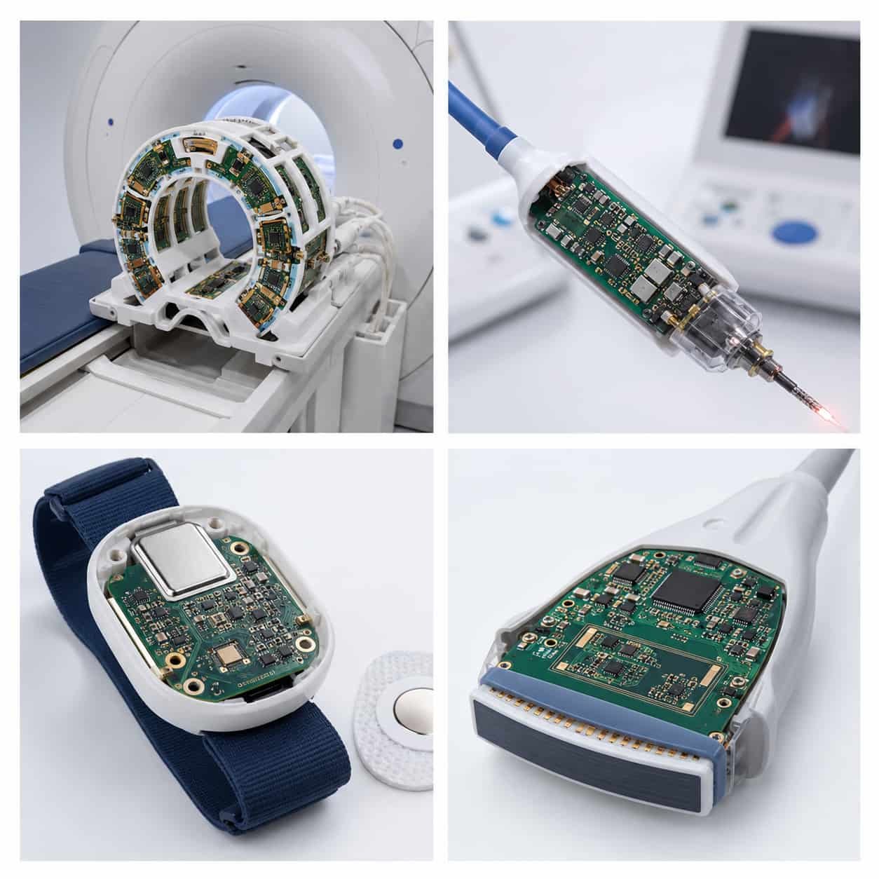 High frequency PCB medical device applications showing MRI RF coil circuit board microwave ablation therapy module wireless patient monitoring and ultrasound imaging PCB using Rogers and PTFE materials