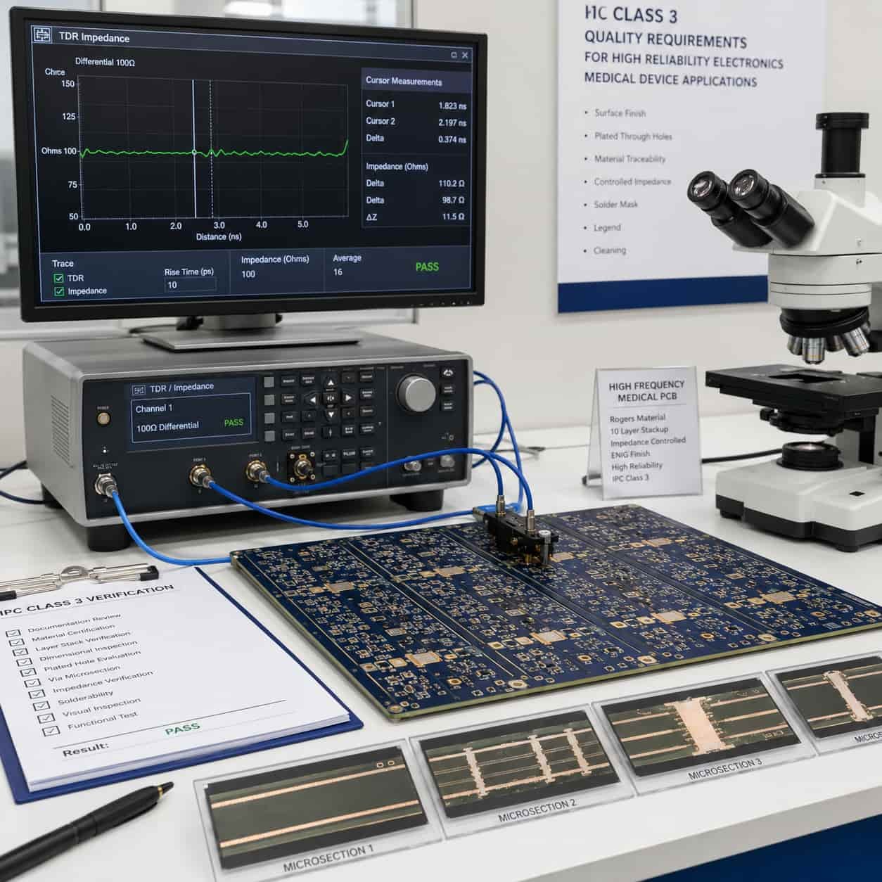 Medical device PCB quality control showing IPC Class 3 controlled impedance TDR testing and via microsection analysis for high reliability medical high frequency circuit board manufacturing