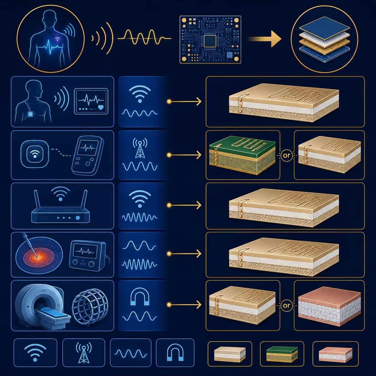 Medical RF PCB material selection chart showing Rogers RO4350B for 2.4GHz wireless monitoring RO3003 for microwave ablation and RT5880 for wideband medical imaging high frequency applications