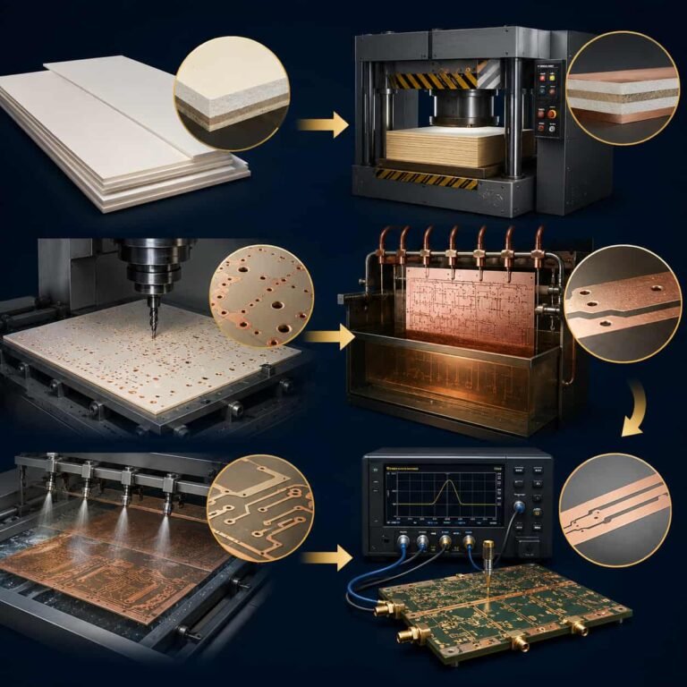 Microwave PCB fabrication process showing Rogers RO4350B and PTFE laminate manufacturing with controlled impedance TDR testing and multilayer lamination for RF microwave aerospace and defense circuit boards