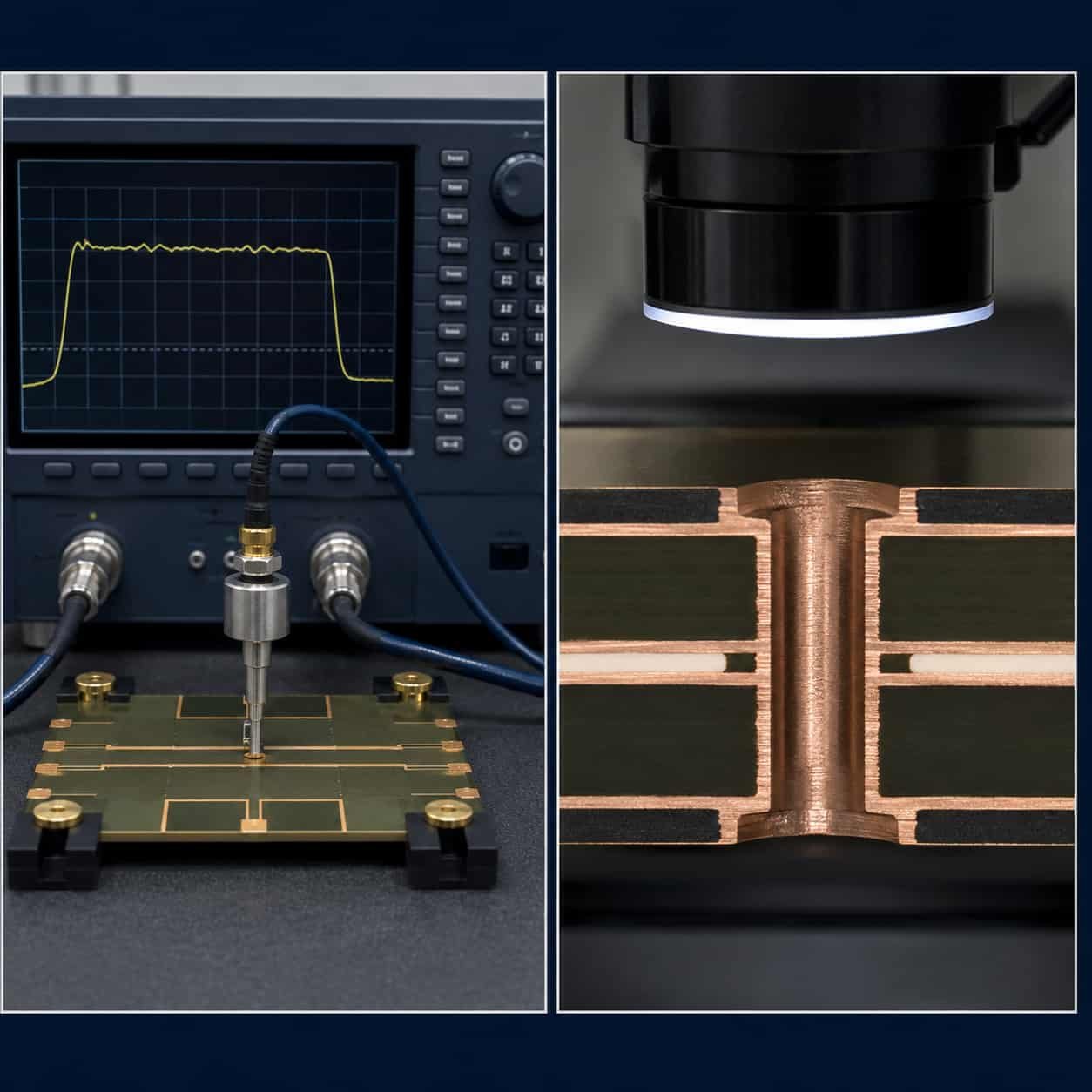 Microwave PCB fabrication quality control showing TDR controlled impedance testing waveform and via cross-section microsection analysis for IPC Class 3 RF microwave circuit board verification