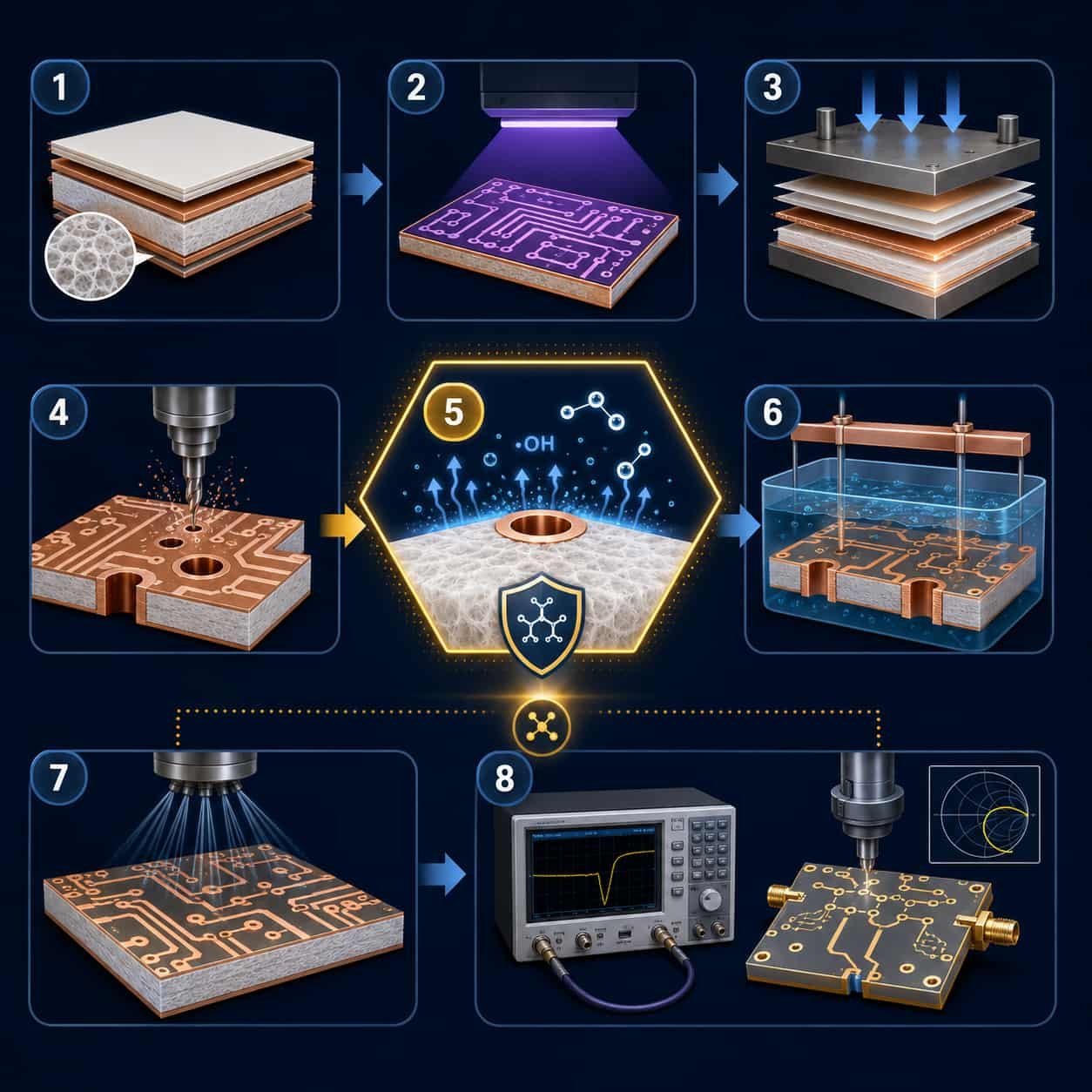 Microwave PCB fabrication steps showing Rogers RO4350B laminate material processing through drilling copper plating controlled impedance etching and surface finish for RF microwave circuit board manufacturing