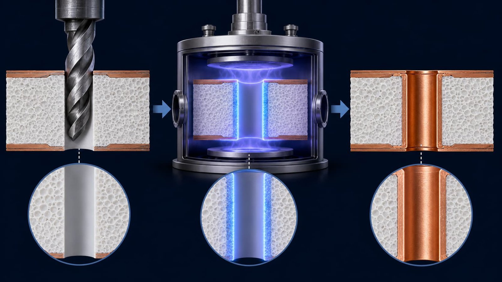 PTFE PCB hole wall activation plasma treatment process showing Rogers RO3003 RT5880 and Taconic TLY-5 PTFE laminate hole wall before and after plasma activation for reliable copper plating adhesion