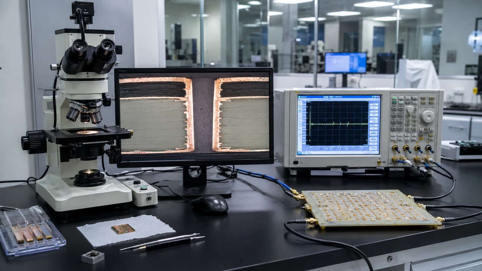 PTFE PCB manufacturing quality control showing metallographic microsection via cross-section analysis and TDR controlled impedance testing for Rogers RO3003 RT5880 high frequency circuit board production verification