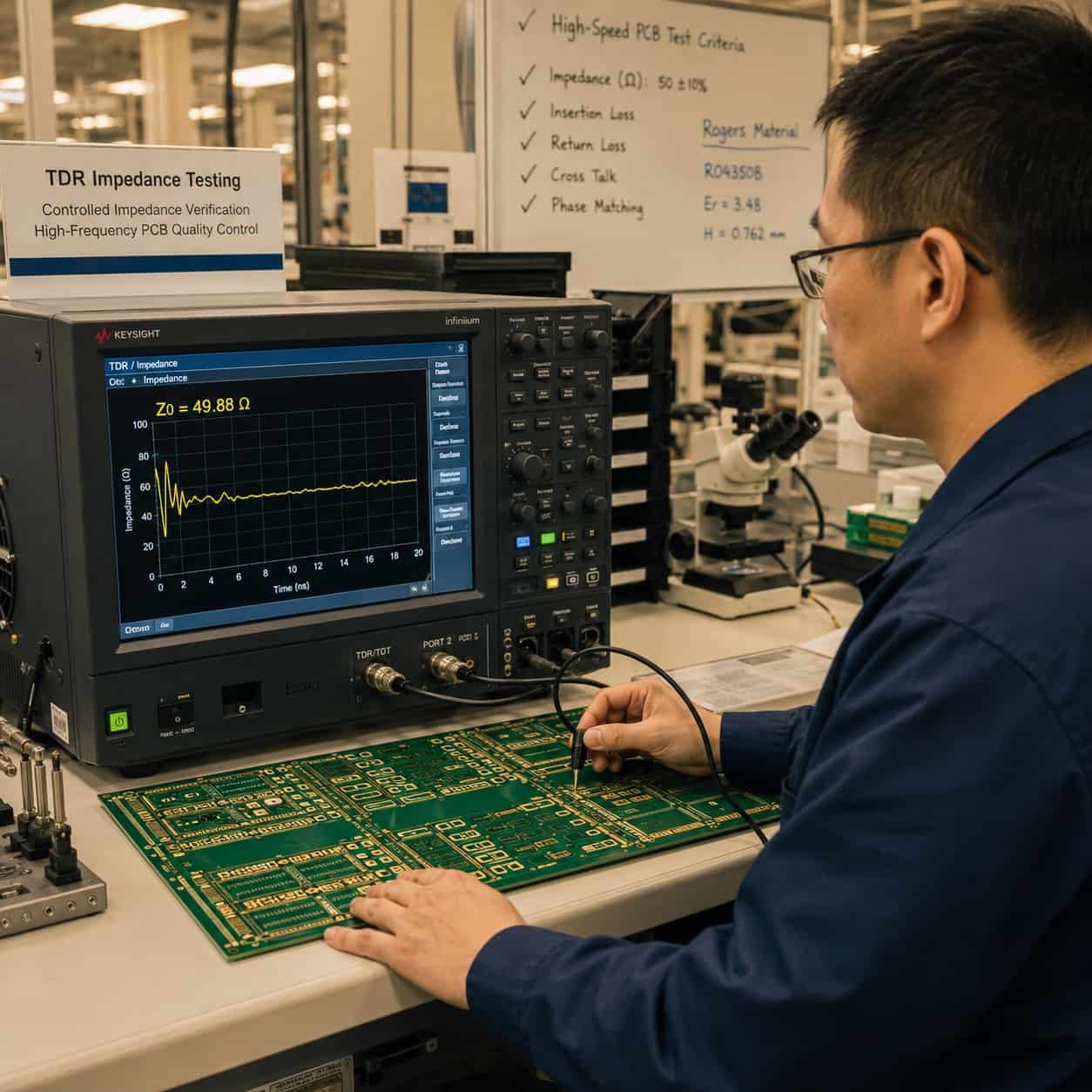 Riching PCB factory controlled impedance manufacturing showing TDR impedance testing equipment measuring Rogers RO4350B and PTFE high frequency PCB production lot for 50 ohm verification