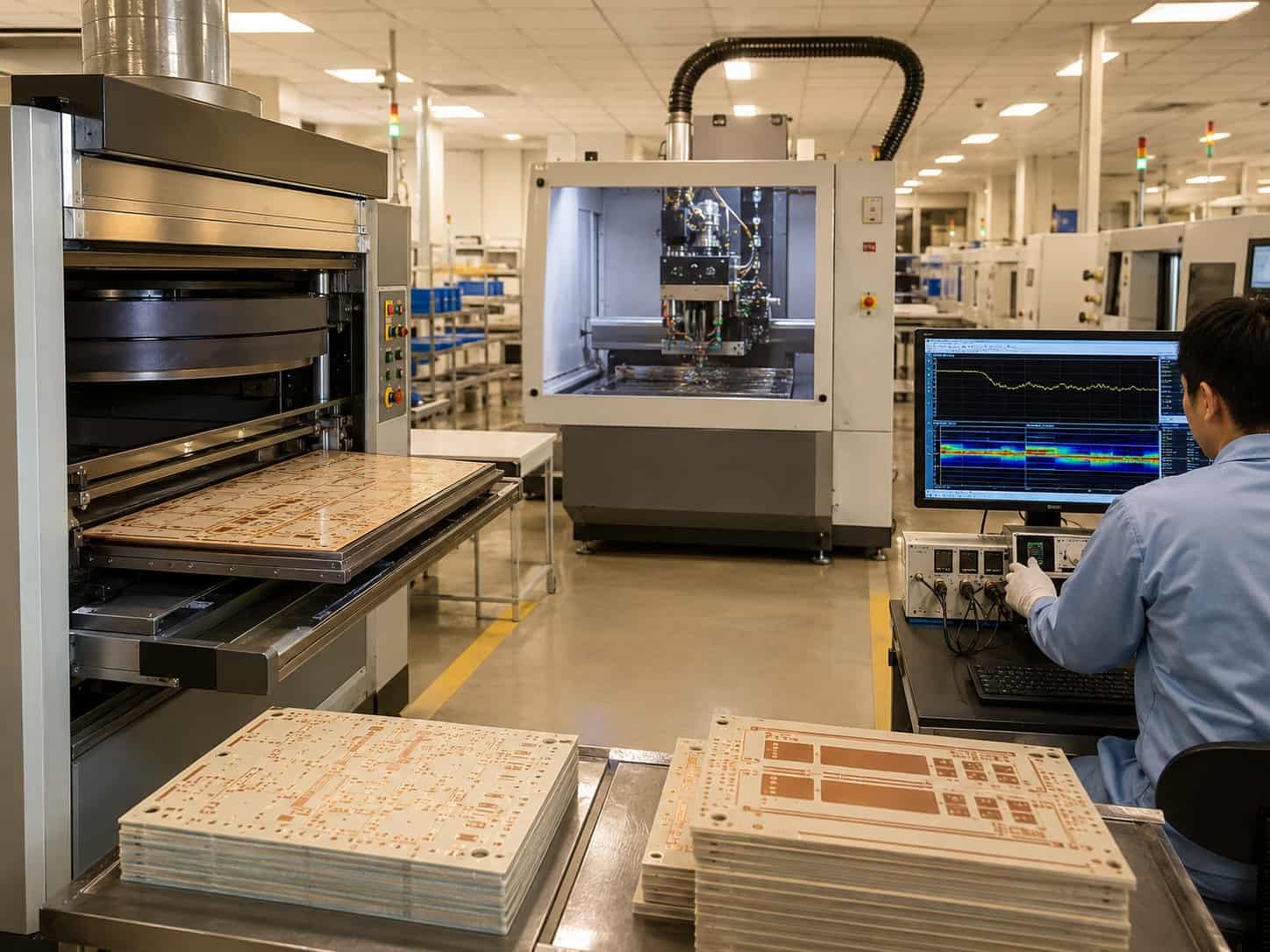 Riching PCB direct factory microwave PCB fabrication production line showing Rogers laminate processing controlled impedance verification and quality inspection for RF microwave aerospace and defense boards