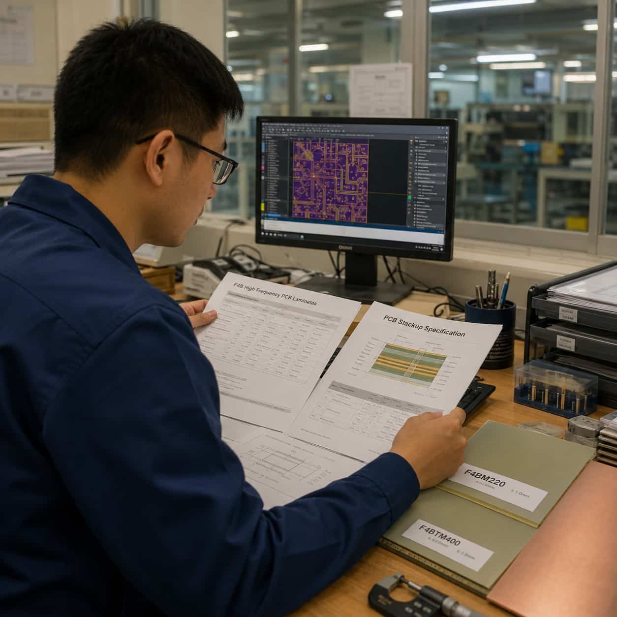 Riching PCB factory engineer reviewing F4B PCB material specification F4BM220 or F4BTM400 grade PTFE stackup for commercial high frequency RF circuit board production