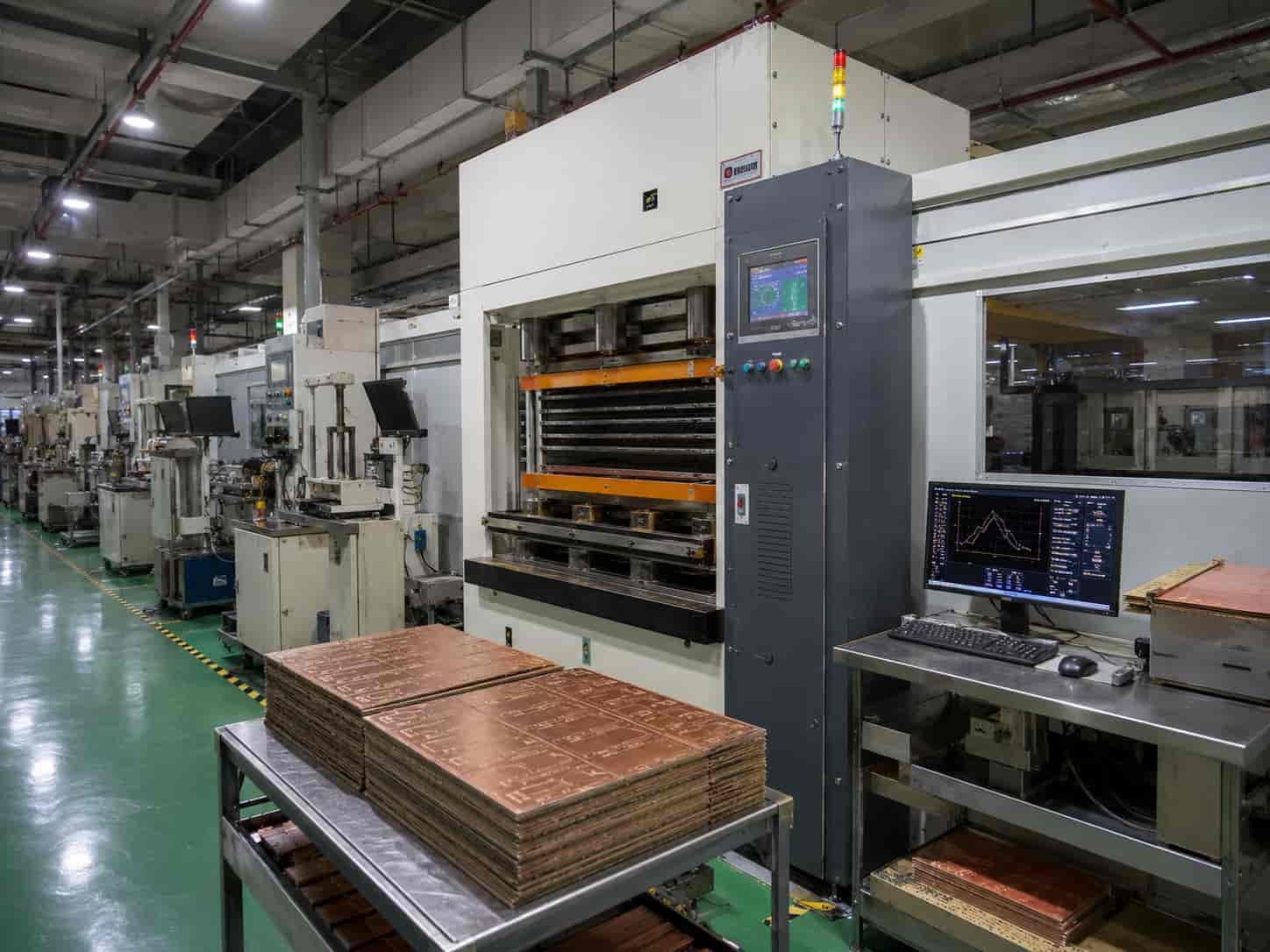 Riching PCB direct factory production floor in Shenzhen China showing high frequency PCB manufacturing equipment for Rogers RO4350B PTFE and Taconic laminate circuit board production