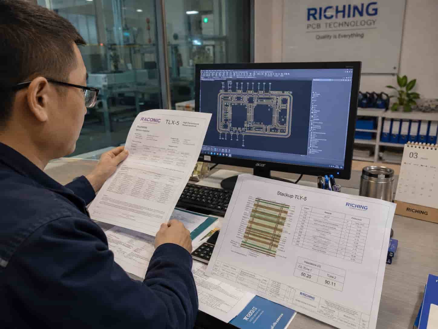 Riching PCB factory engineer reviewing Taconic PCB material specification and controlled impedance requirements before high frequency RF board production