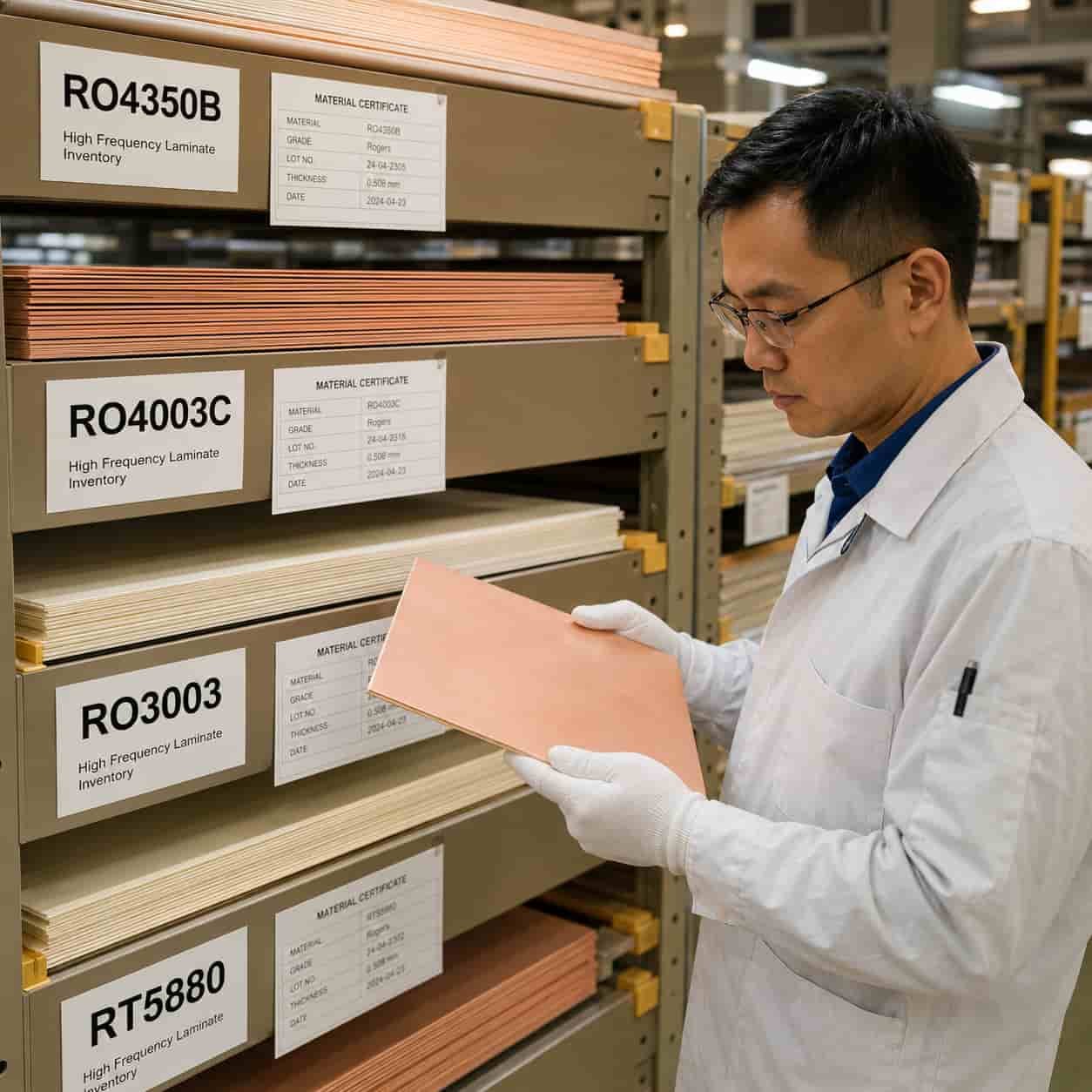 Riching PCB factory engineer reviewing Rogers PCB material inventory including RO4350B RO4003C RO3003 and RT5880 laminate sheets before high frequency PCB production