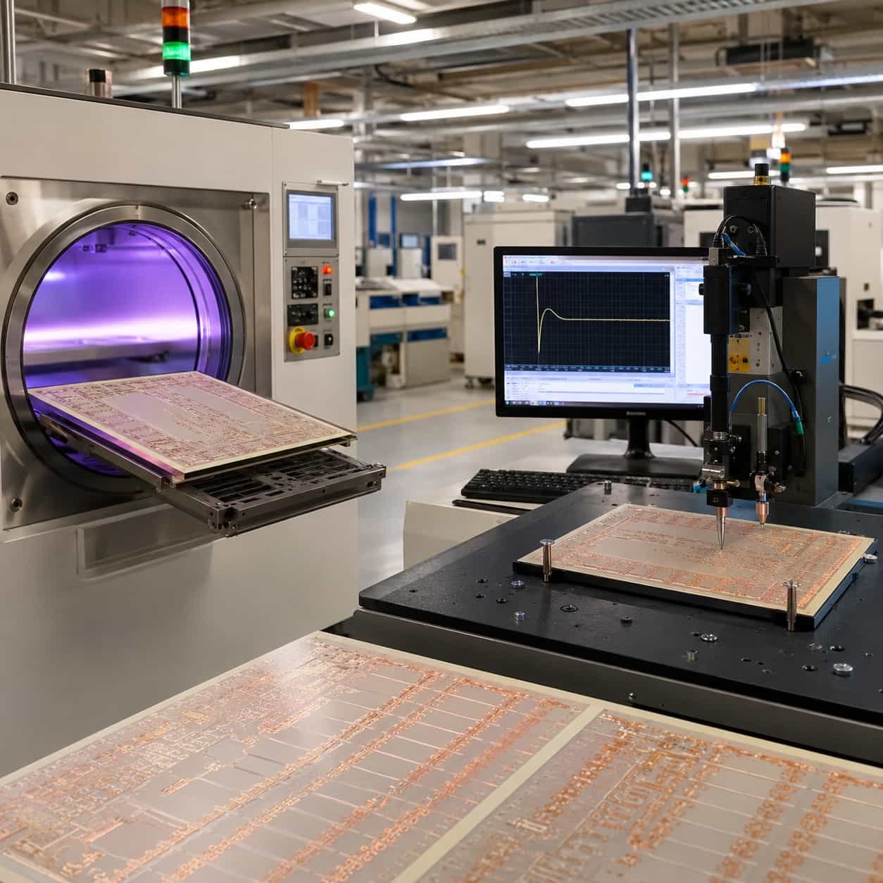 Riching PCB factory producing Rogers RO3003 PTFE ceramic PCB with plasma hole wall activation process and TDR controlled impedance verification for Ka-band 77GHz and defense applications