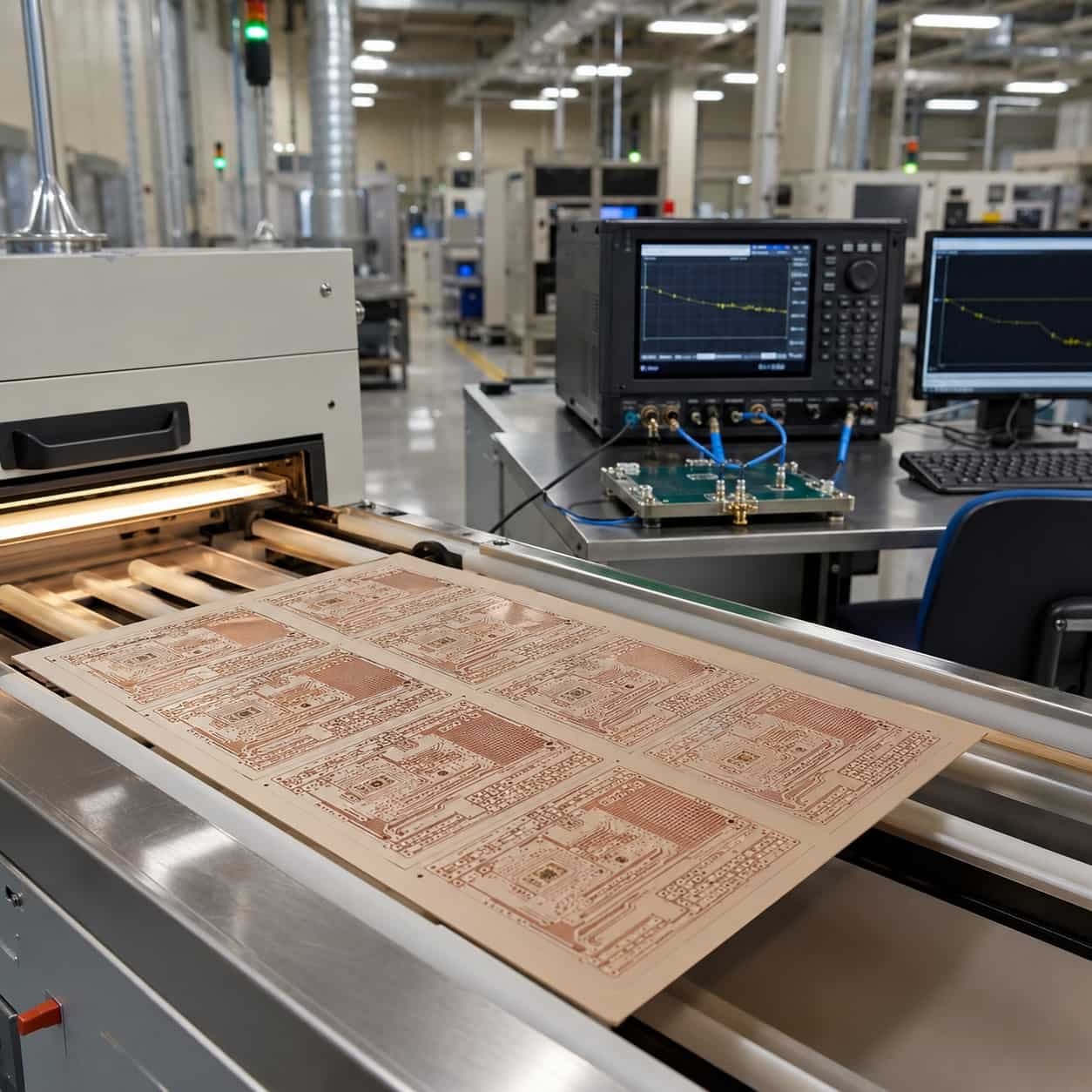 Riching PCB factory producing Rogers RO4350B high frequency PCB with TDR controlled impedance verification and FR4-compatible lamination process for RF microwave aerospace and 5G applications