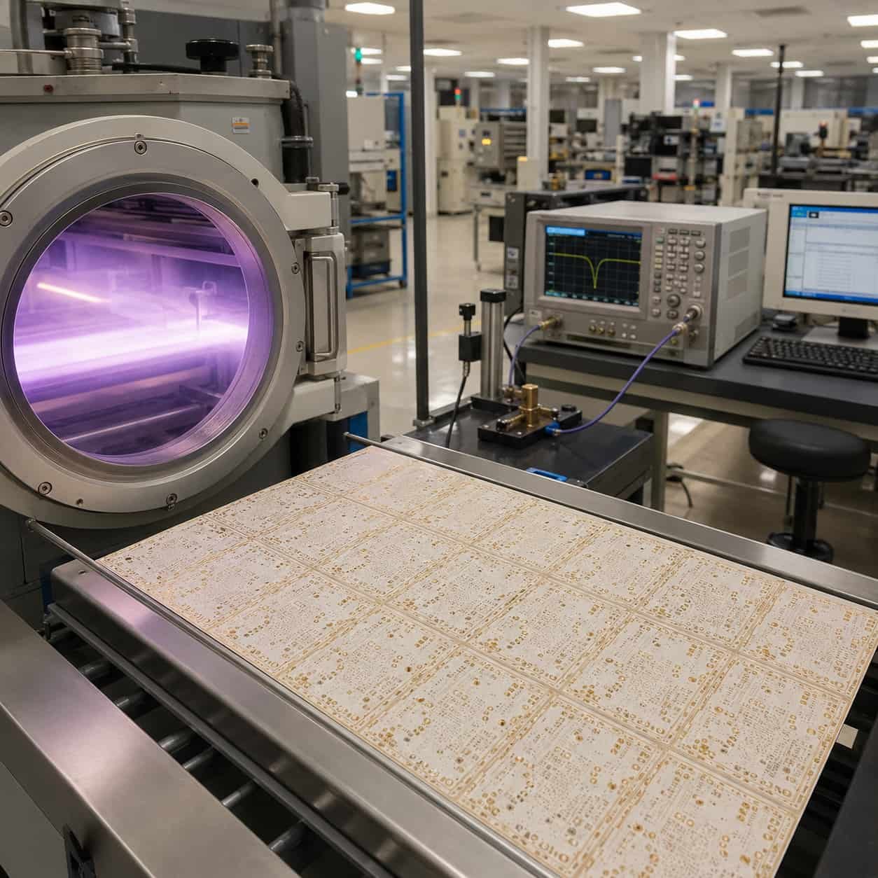 Riching PCB factory Rogers RT5880 PTFE glass PCB production showing plasma activation process and TDR controlled impedance verification for electronic warfare SIGINT and W-band applications