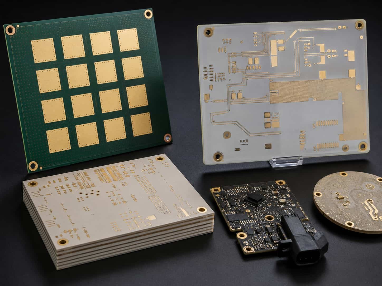 Riching PCB China direct factory high frequency PCB products showing Rogers RO4350B multilayer board Taconic TLY-5 microwave PCB and PTFE RT5880 RF circuit board samples