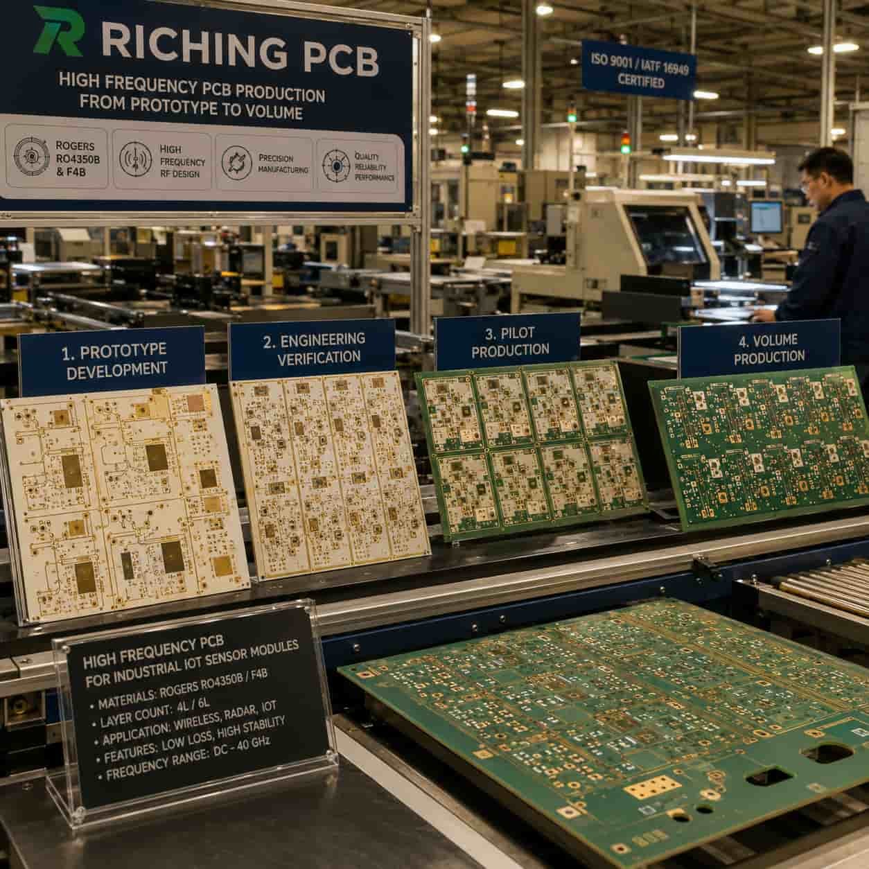 Riching PCB factory producing high frequency PCB for industrial IoT applications showing Rogers RO4350B and F4B RF sensor modules from prototype to production volume manufacturing