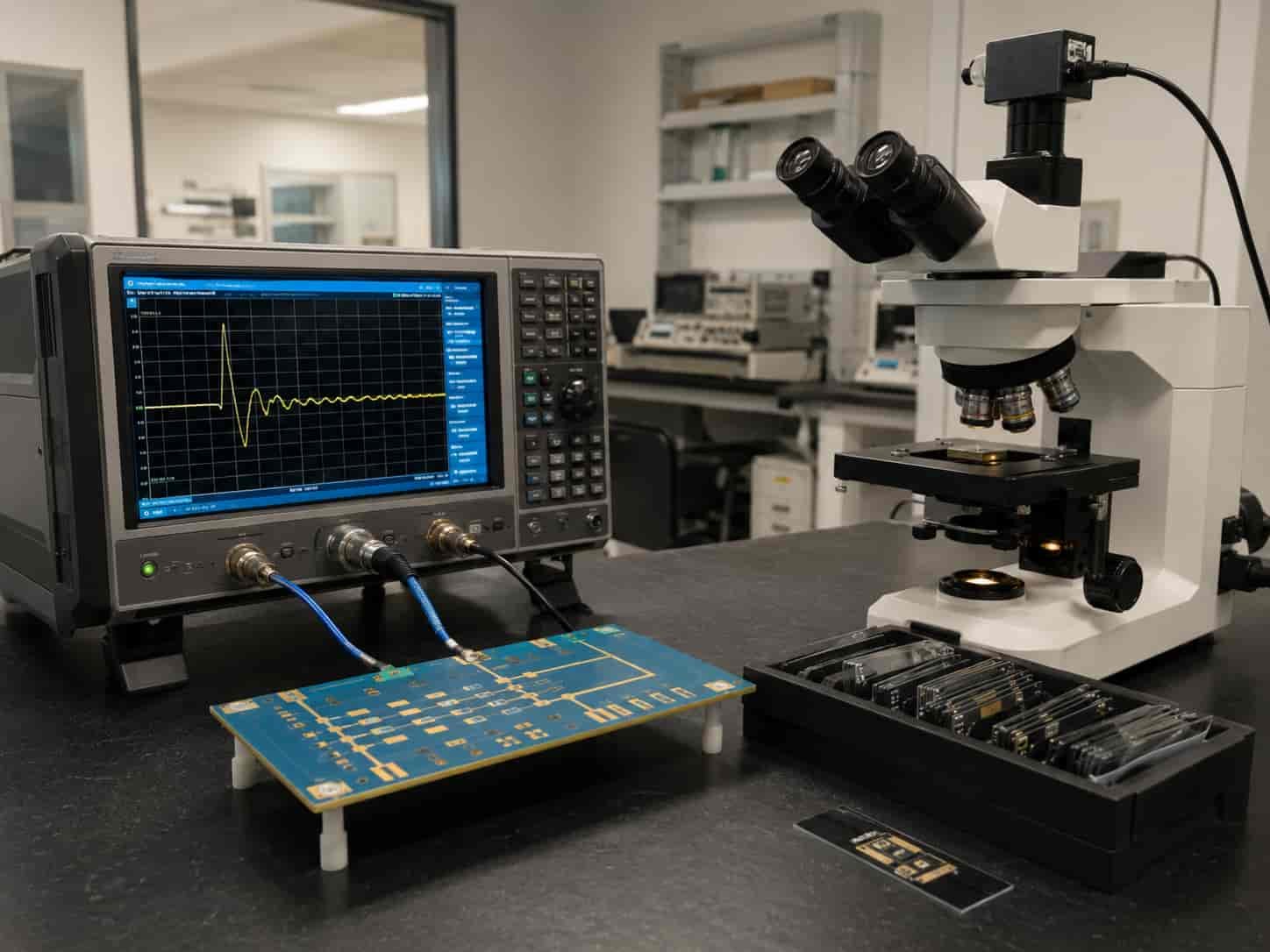 Riching PCB China factory quality control showing TDR impedance testing equipment and metallographic microsection analysis for Rogers and PTFE high frequency circuit board verification