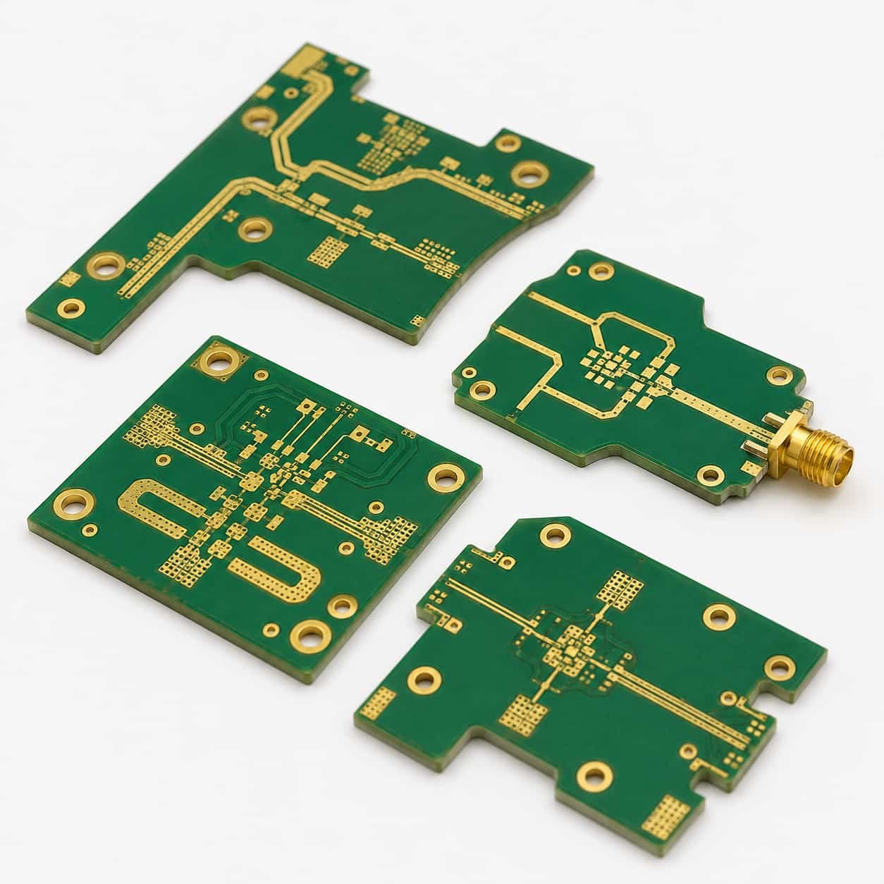 Riching PCB Rogers RO4350B high frequency PCB prototype first article ready for customer RF testing showing finished boards with ENIG surface and controlled impedance traces
