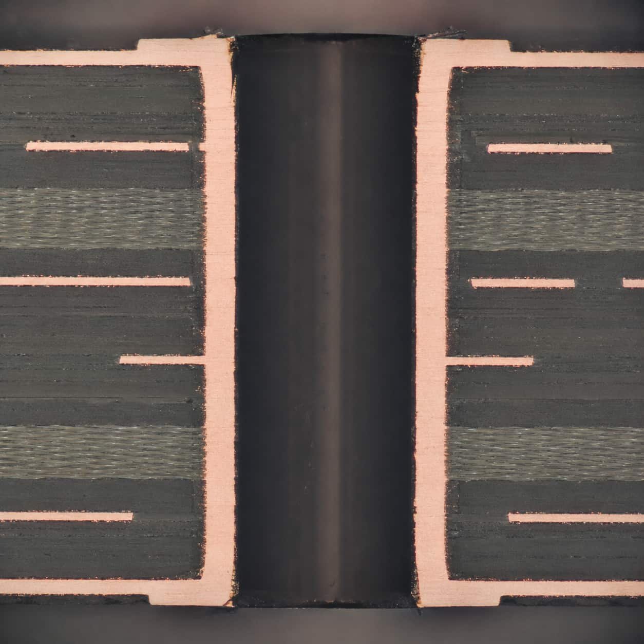 High frequency PCB via cross-section microsection showing IPC Class 3 copper plating thickness verification at Riching PCB factory for Rogers RO4350B and PTFE high frequency circuit board quality control