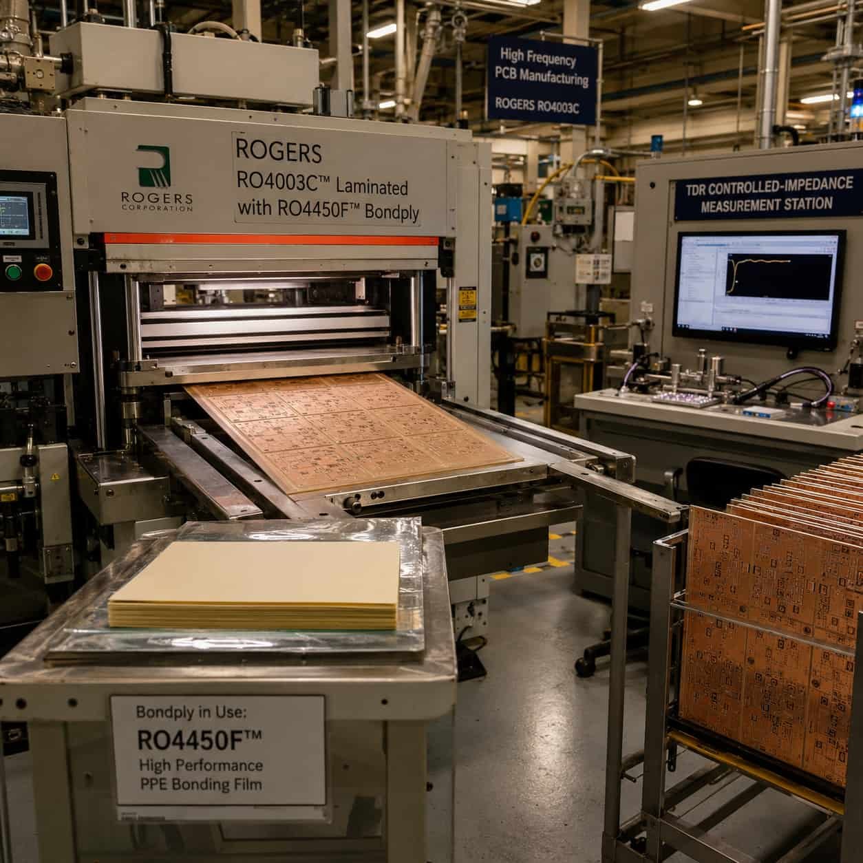 Riching PCB factory producing Rogers RO4003C high frequency PCB with FR4-compatible lamination process and TDR controlled impedance verification for X-band Ku-band and microwave applications